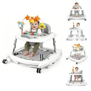 5 in 1 Baby Walker Adjustable Height Foldable Baby Activity Center, Infant Walker Bouncer Rocker