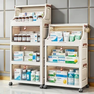 White foldable medicine storage cabinet, no assembly needed, stackable and foldable organizer box, top opening slot