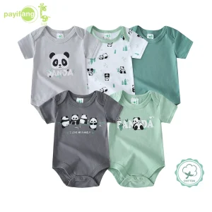 5-pc Newborn Baby Boy Short Sleeve Bodysuits, Cute Teddy Bear Cartoon Rompers, Infant One-Piece Jumpsuits, Round Neck Spring Summer Outfits, Hospital Bag Essentials (Boys), Baby Birthday Gift, for Outdoor